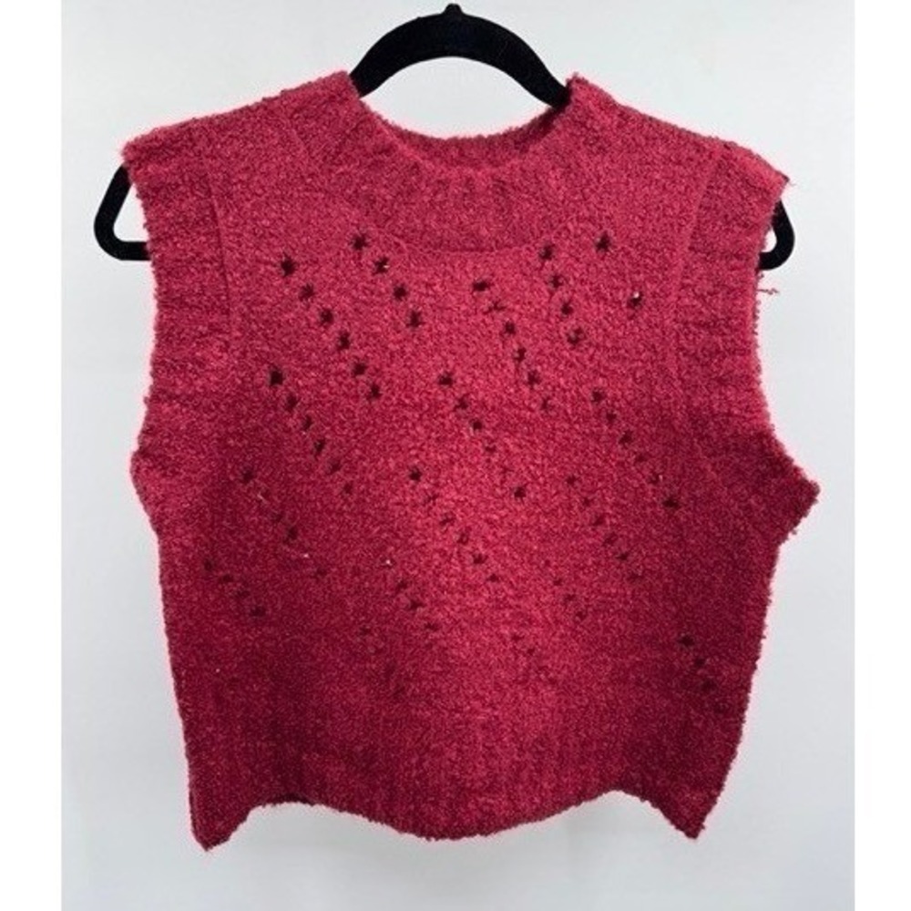 Zenana NEW Burgundy Textured Wool Eyelet Sweater Vest LARGE Pointelle Cropped - Picture 2 of 9